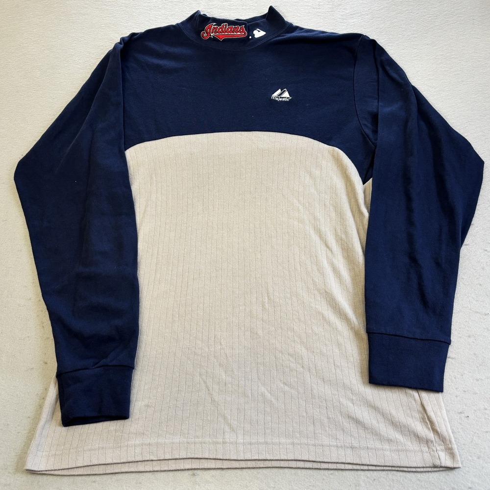 Vtg Majestic Cleveland Indians Shirt Mens L Blue Tan Turtle Neck Long Sleeve MLB